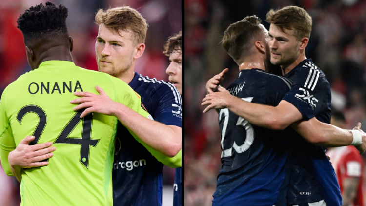 Andre Onana and Matthijs de Ligt of Manchester United reacts during the UEFA Europa League 2024/25 Semi Final First Leg match between Athletic Club...