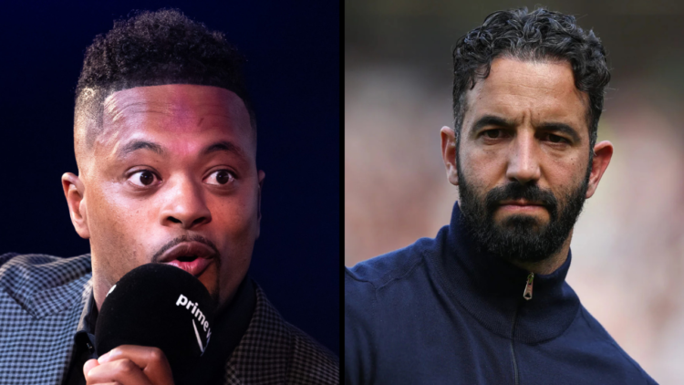 Patrice Evra speaking with Gabby Logan on stage at the 'Prime Video Presents Sport' event at Pan Pacific. Insert: Manchester United manager Ruben A...