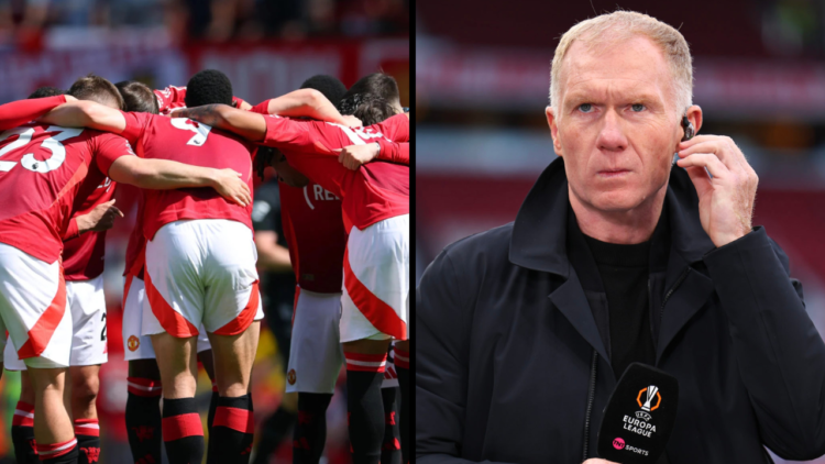 Paul Scholes working as a television pundit for TNT Sports during the UEFA Europa League 2024/25 Semi Final Second Leg match between Manchester Uni...