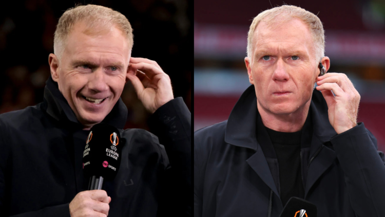 MANCHESTER, ENGLAND - MAY 8: Paul Scholes working as a television pundit for TNT Sports during the UEFA Europa League 2024/25 Semi Final Second Leg...