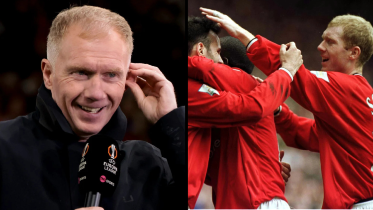 MANCHESTER, ENGLAND - APRIL 17: Paul Scholes comments for TNT Sports the UEFA Europa League 2024/25 Quarter Final Second Leg football match between...