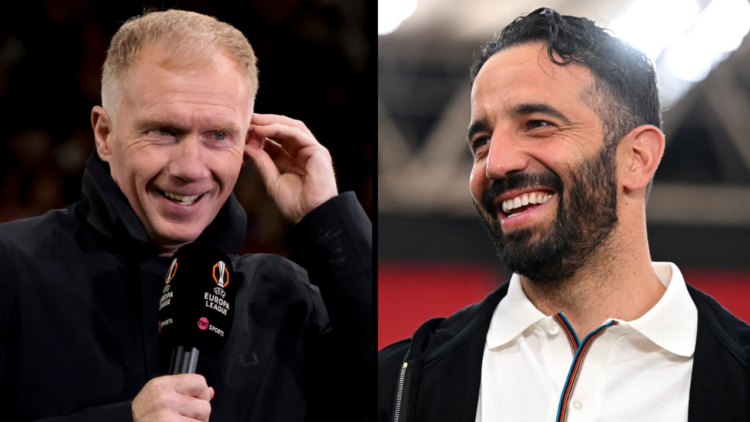 MANCHESTER, ENGLAND - APRIL 17: Paul Scholes comments for TNT Sports the UEFA Europa League 2024/25 Quarter Final Second Leg football match between...