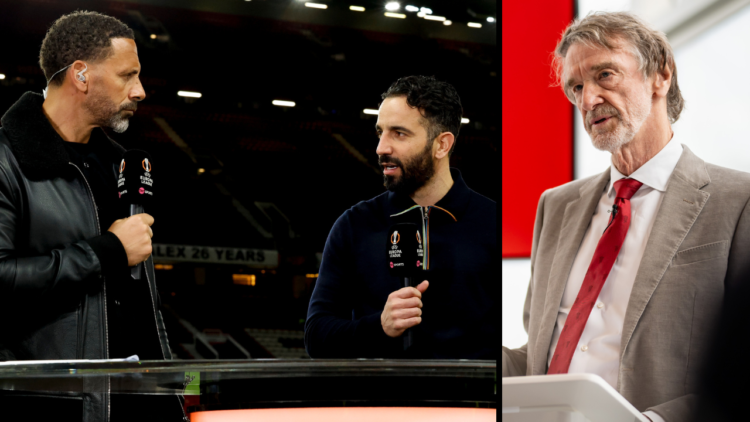 Coach of Manchester United Ruben Amorim is interviewed for TNT Sports by Rio Ferdinand (left) following the UEFA Europa League 2024/25 Quarter Fina...