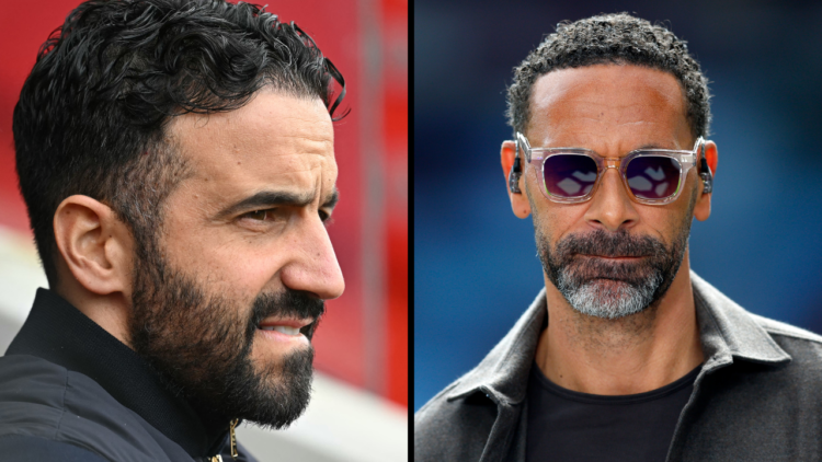 TNT Sports pundit Rio Ferdinand looks on during the Premier League match between Aston Villa FC and Fulham FC at Villa Park. Insert: Manchester Uni...