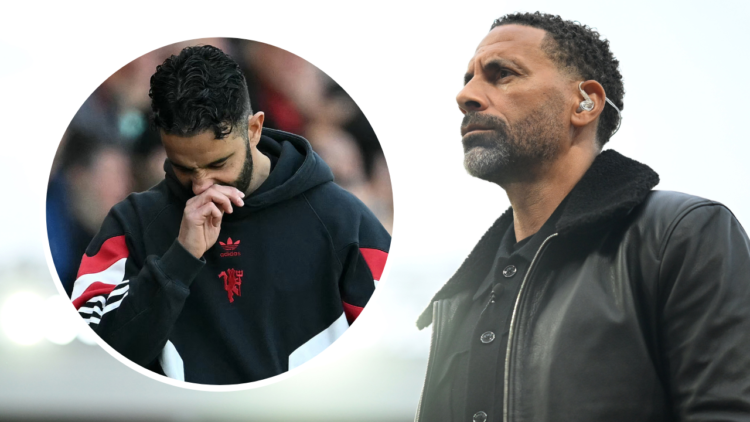 Rio Ferdinand looks on during the UEFA Europa League 2024/25 Quarter Final Second Leg match between Manchester United and Olympique Lyonnais at Old...