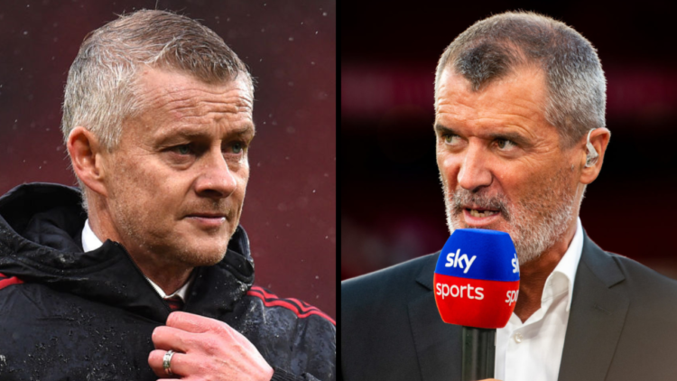 Roy Keane broadcasts ahead of the Premier League match between Manchester United and Liverpool FC at Old Trafford on August 22, 2022 in Manchester,...