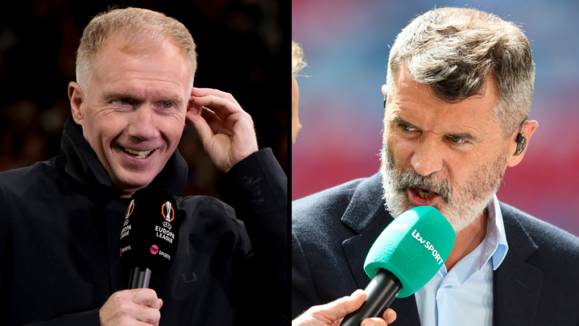 Paul Scholes comments for TNT Sports the UEFA Europa League 2024/25 Quarter Final Second Leg football match between Manchester United (Man U) and O...