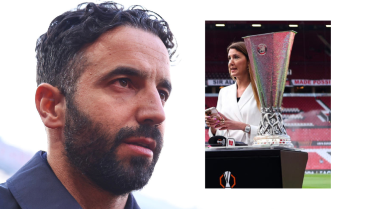 MANCHESTER, ENGLAND - MAY 8: The UEFA Europa League trophy on a tv plinth during the UEFA Europa League 2024/25 Semi Final Second Leg match between...