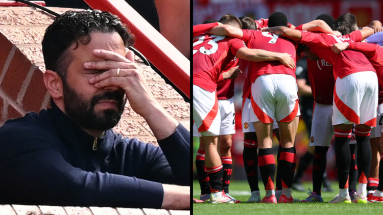 Manchester United's Portuguese head coach Ruben Amorim reacts during the English Premier League football match between Manchester United and West H...