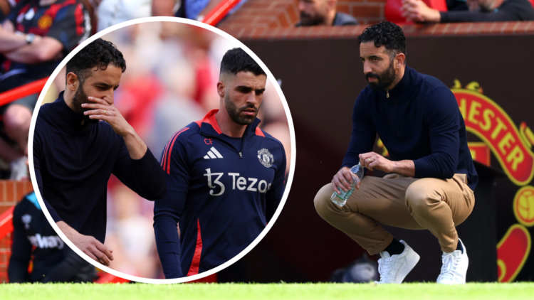 Ruben Amorim, Manager of Manchester United looks on during the Premier League match between Manchester United FC and West Ham United FC at Old Traf...