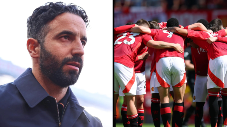 Manchester United players huddle prior to the Premier League match between Manchester United FC and West Ham United FC at Old Trafford on May 11, 2...
