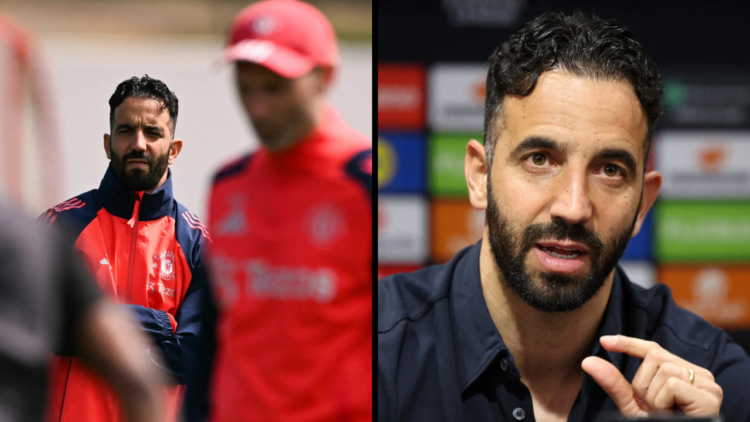 Ruben Amorim, Manager of Manchester United, speaks to the media during a press conference at Old Trafford. Insert: Manchester United's Portuguese h...