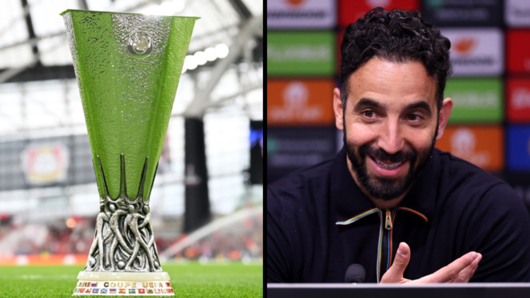 A detailed view of the UEFA Europa League Trophy is seen on the pitch prior to the UEFA Europa League 2023/24 final match between Atalanta BC and B...