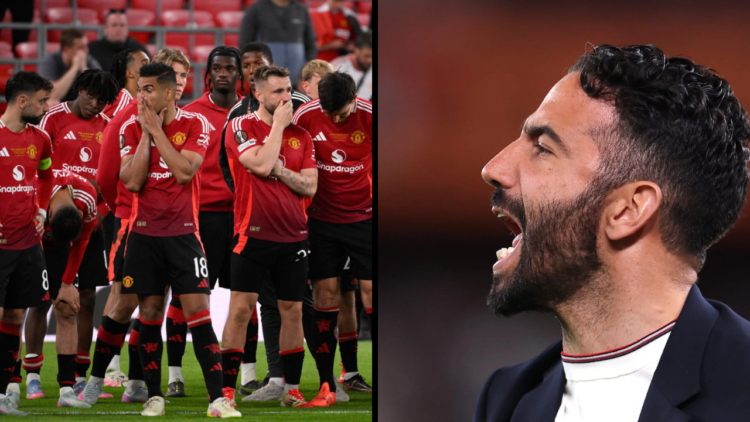 Manchester United players react to being defeated after the UEFA Europa League final football match between Tottenham Hotspur and Manchester United...