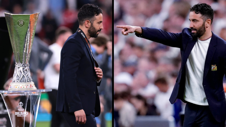 Ruben Amorim Manchester United FC Head Coach reacts as he walks past the trophy after collecting his Runners' Up medal following the 1-0 defeat in ...
