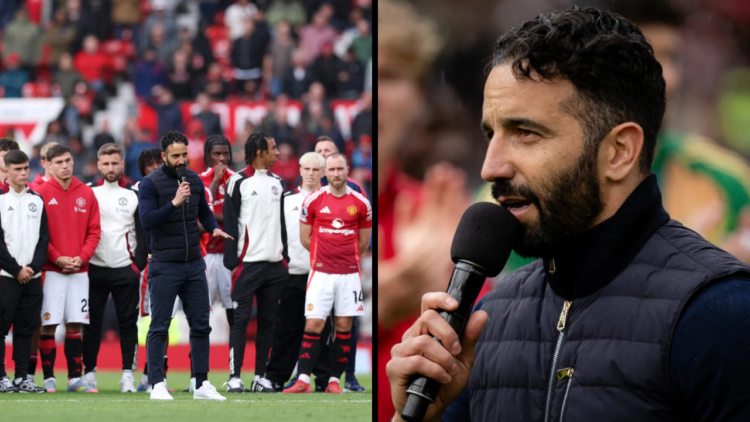 Manchester United Head Coach / Manager Ruben Amorim speaks to the fans at the end of the Premier League match between Manchester United FC and Asto...