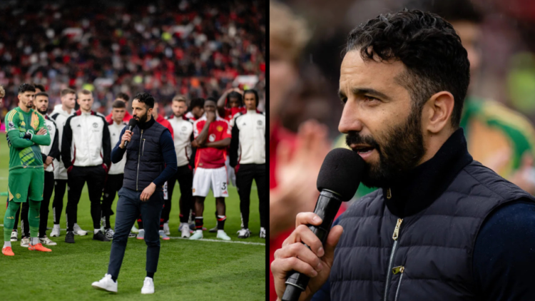 Manchester United Head Coach / Manager Ruben Amorim speaks to the fans at the end of the Premier League match between Manchester United FC and Asto...