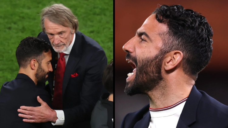 Insert: Ruben Amorim, Manager of Manchester United, embraces Sir Jim Ratcliffe, Co-owner of Manchester United following the UEFA Europa League Fina...