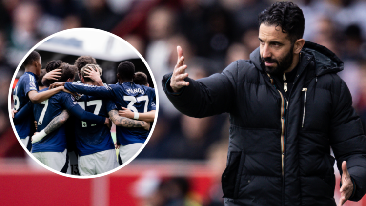 Manchester United's manager Ruben Amorim gestures during the Premier League match between Brentford FC and Manchester United FC at Gtech Community ...