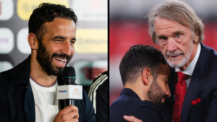 Head Coach Ruben Amorim of Manchester United speaks during a press conference on May 27, 2025 in Kuala Lumpur, Malaysia. Insert: Sir Jim Ratcliffe ...