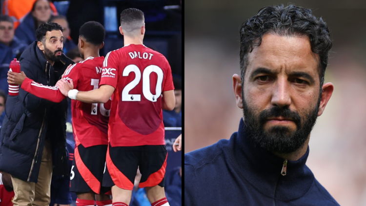 Manchester United manager Ruben Amorim reacts as he leaves the pitch at the end of the match during the Premier League match between Manchester Uni...