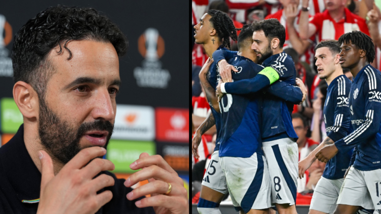 Ruben Amorim, Manager of Manchester United, speaks to the media in a post match press conference after the UEFA Europa League 2024/25 Semi Final Fi...