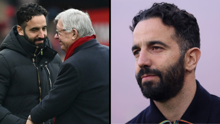 Ruben Amorim, Manager of Manchester United, speaks with Sir Alex Ferguson, former manager of Manchester United prior to the Premier League match be...