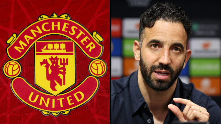 Ruben Amorim, Manager of Manchester United, speaks to the media during a press conference at Old Trafford. Insert: A detailed view of the badge of ...