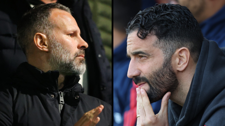 Ryan Giggs watches on from the stands during the Sky Bet League Two between Stockport County and Salford City at Edgeley Park. Insert: Ruben Amorim...