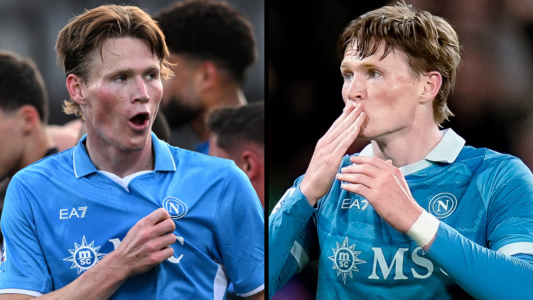 Scott McTominay of Napoli celebrates his goal during the Serie match between Monza and Napoli at U-Power Stadium. Insert: Scott McTominay of SSC Na...