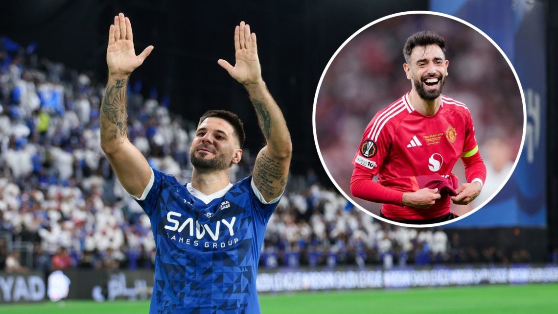 Al Hilal striker Aleksandar Mitrovic. Inset, Manchester United captain Bruno Fernandes.
