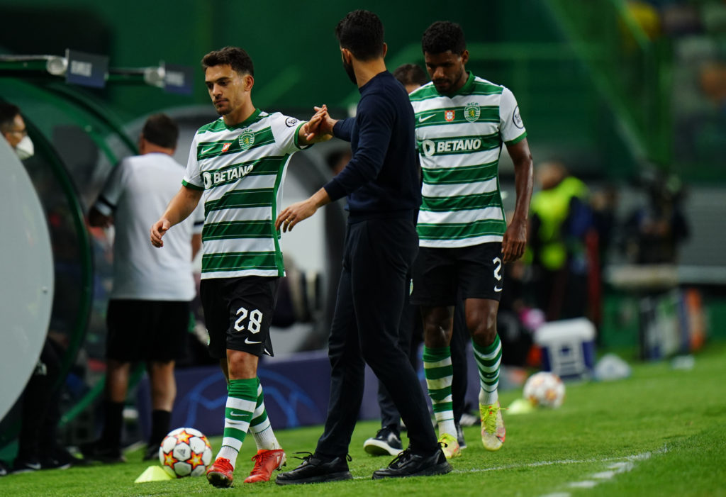 Ruben Amorim of Sporting CP congratulates Pedro Gonçalves of Sporting CP during the Group C - UEFA Champions League match between Sporting CP and Besiktas at Estadio Jose Alvalade on October 3, 2021