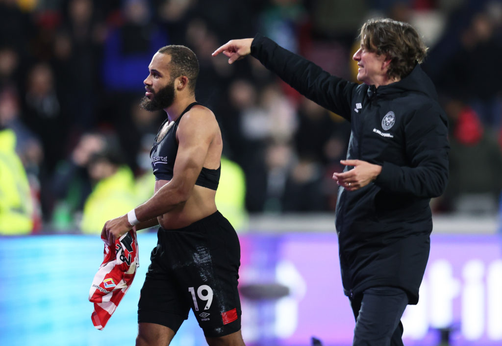 Thomas Frank, Manager of Brentford interacts with Bryan Mbeumo of Brentford after the Premier League match between Brentford and Watford