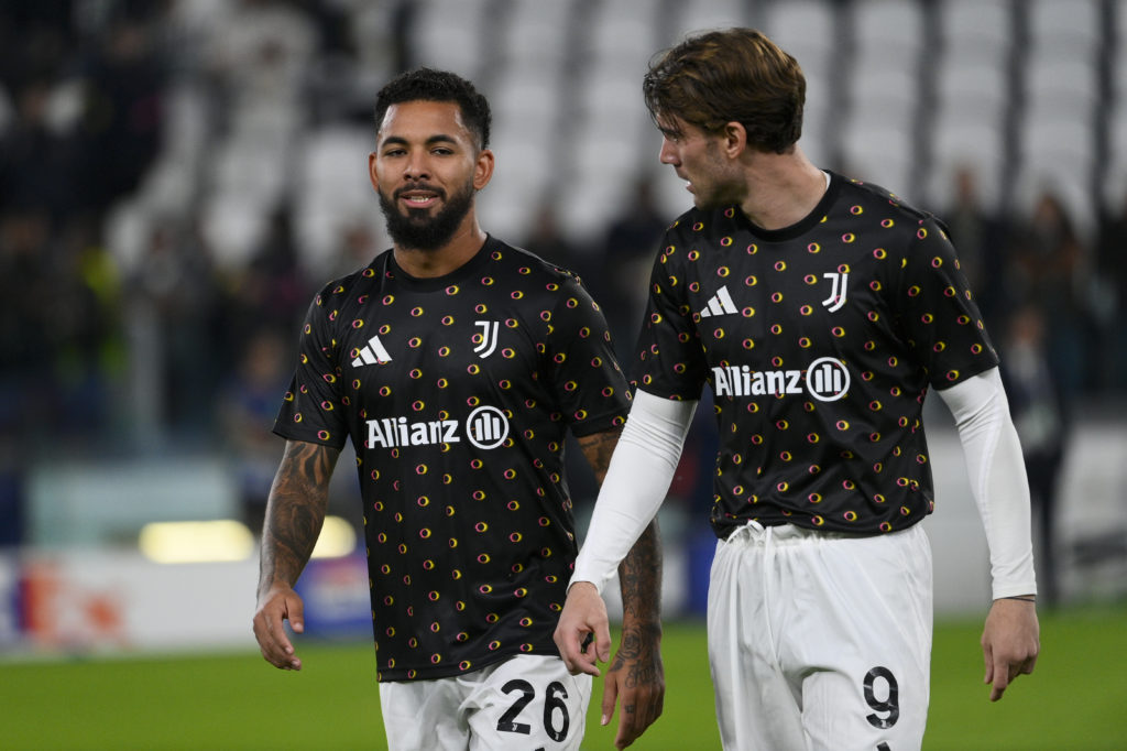 Douglas Luiz of Juventus FC and Dusan Vlahovic of Juventus FC on warm-up session