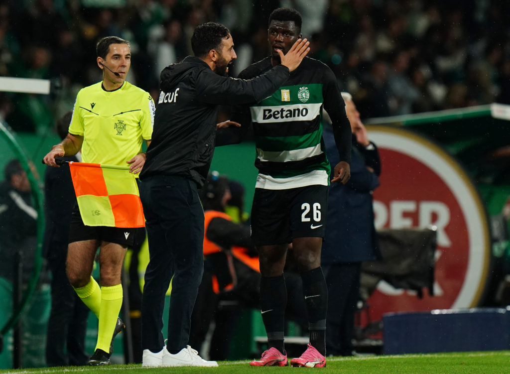 Head Coach Ruben Amorim of Sporting CP speaks with Ousmane Diomande of Sporting CP