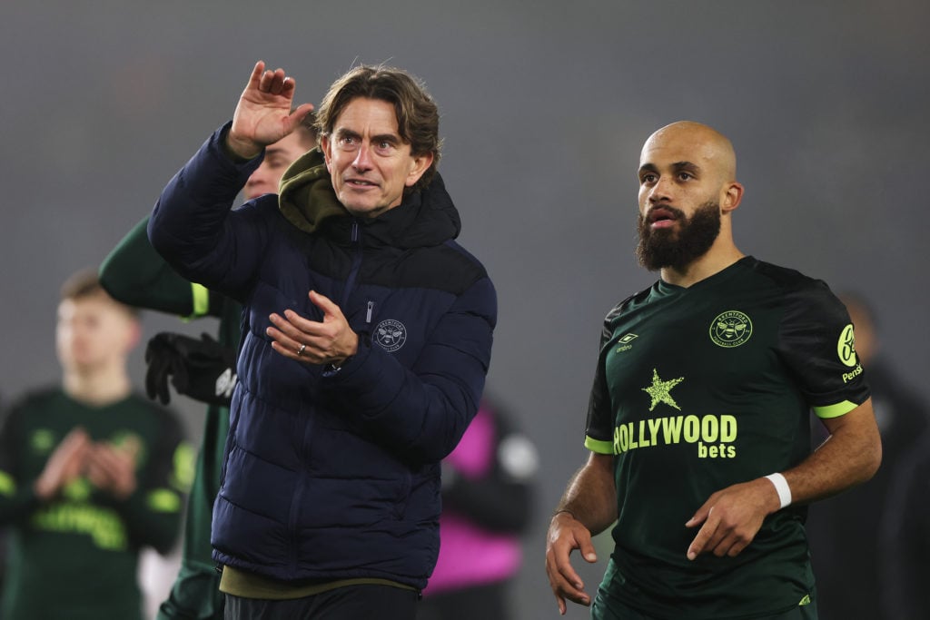 Thomas Frank, Manager of Brentford, and Bryan Mbeumo of Brentford acknowledge the fans after the draw in the Premier League match between Brighton & Hove Albion FC and Brentford FC at Amex Stadium on December 27, 2024