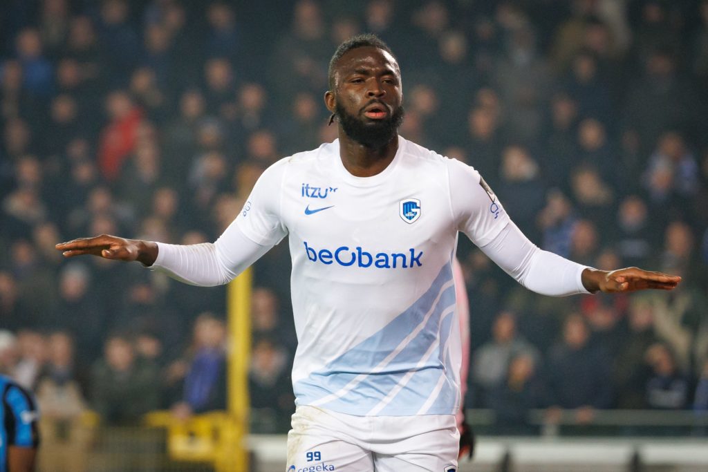 Genk forward Tolu Arokodare celebrates scoring against Club Brugge.