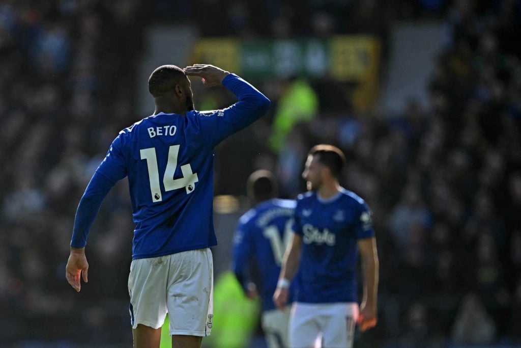 Everton striker Beto celebrates scoring against Manchester United.