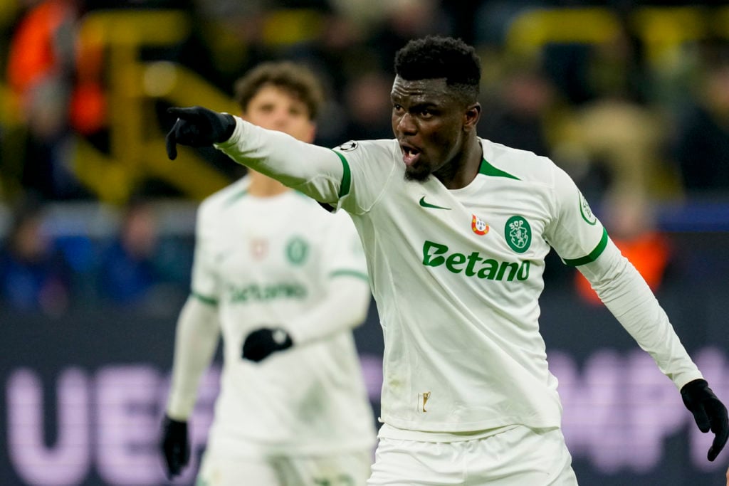 Ousmane Diomande points during Sporting CP vs Borussia Dortmund.