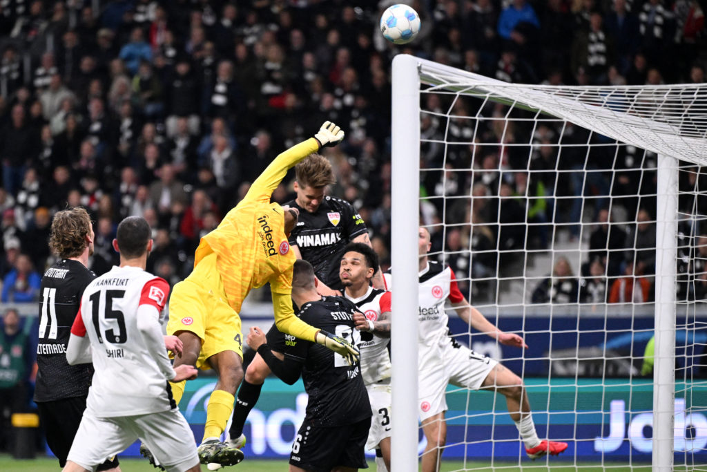 Frankfurt's Brazilian goalkeeper #40 Kaua Santos (3rd L) makes a save during the German first division Bundesliga football match between Eintracht Frankfurt and VfB Stuttgart