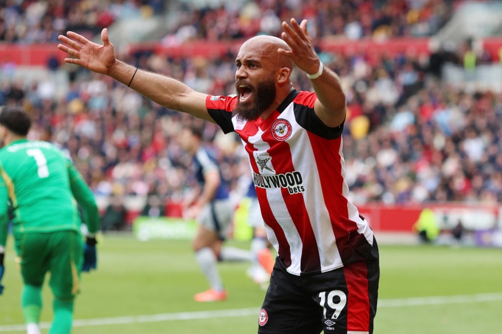 Bryan Mbeumo in action for Brentford against Manchester United in the Premier League.