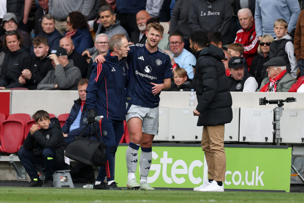 Matthijs de Ligt of Manchester United is substituted following an injury during the Premier League match between Brentford FC and Manchester United FC at the Brentford Community Stadium on May 04, 2025 in Brentford, England.