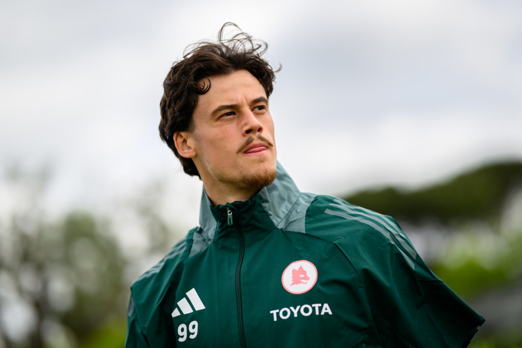AS Roma goalkeeper Mile Svilar looks on during a training session.