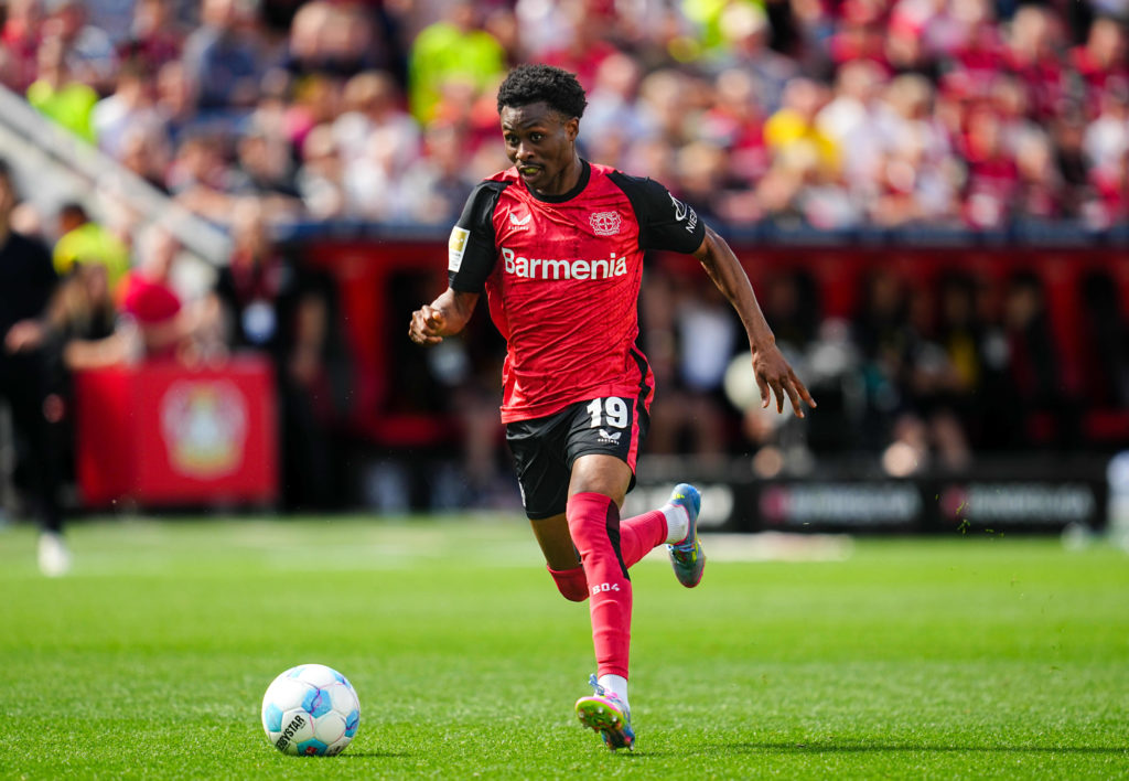 Nathan Tella of Bayer 04 Leverkusen controls the ball during the 1.Bundesliga match between Bayer 04 Leverkusen and Borussia Dortmund