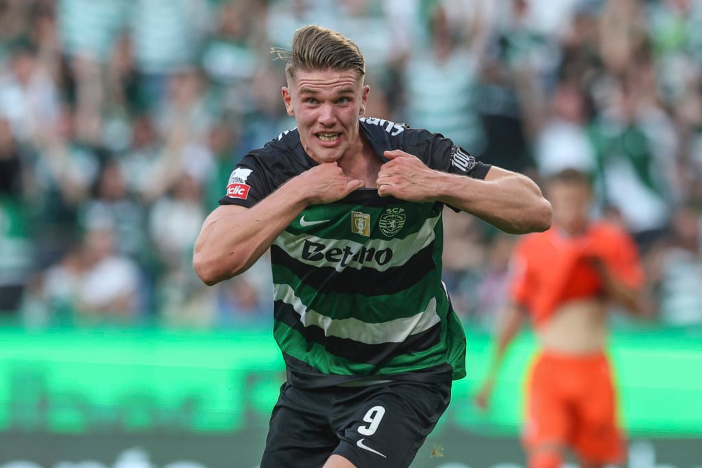 Viktor Gyokeres celebrates goal by grabbing his own shirt before taking it off.