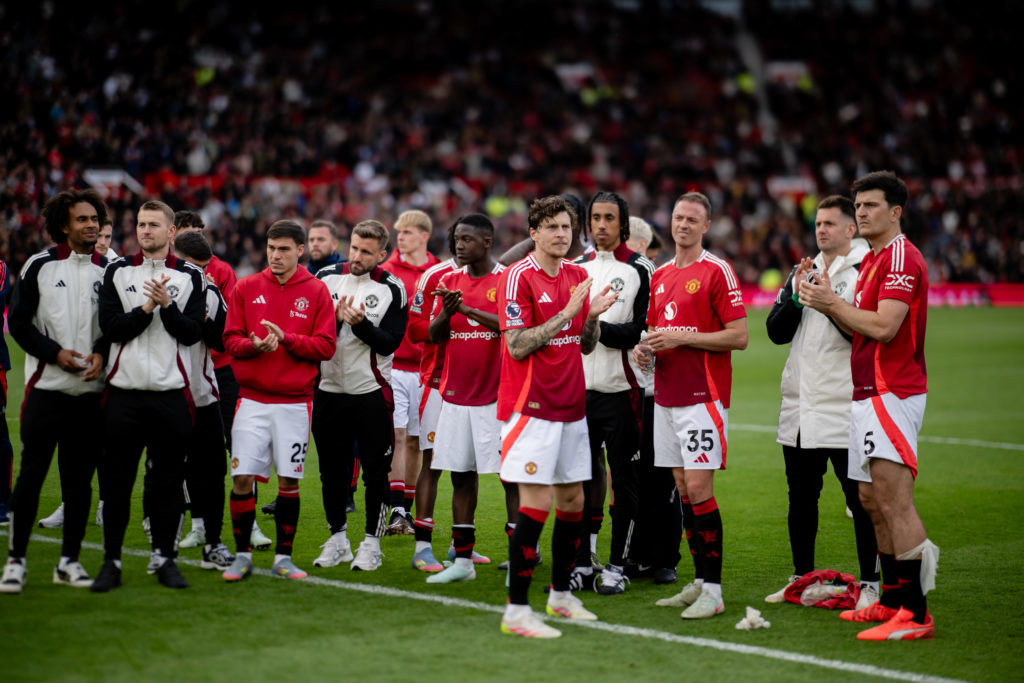 Victor Lindelof of Manchester United applauds the fans at the end of the Premier League match between Manchester United FC and Aston Villa FC at Old Trafford on May 25, 2025, in Manchester, United Kingdom.