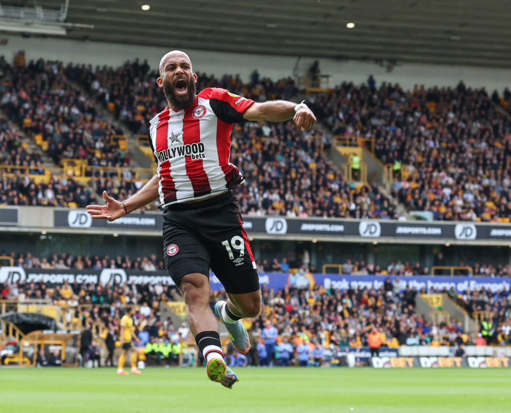 Brentford's Bryan Mbeumo celebrates scoring the opening goal during the Premier League match between Wolverhampton Wanderers FC and Brentford FC