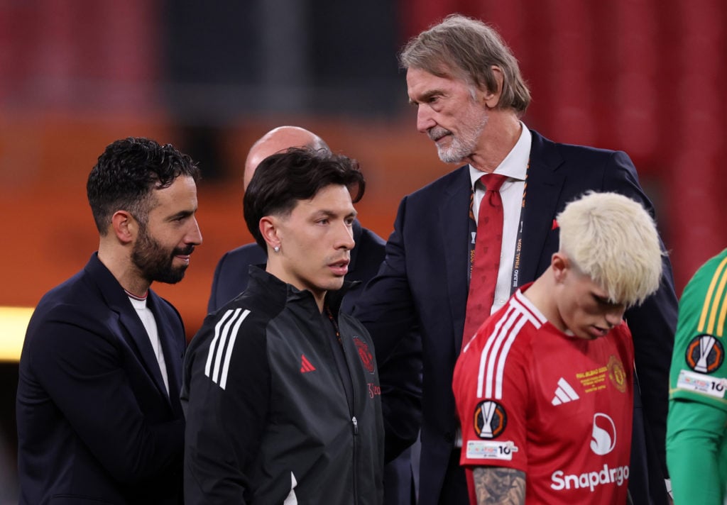 Alejandro Garnacho, Lisandro Martinez and Ruben Amorim (manager/head coach of Manchester United) walk past Sir Jim Ratcliffe after the 2025 UEFA Europa League final between Tottenham Hotspur and Manchester United at the Estadio de San Mames.