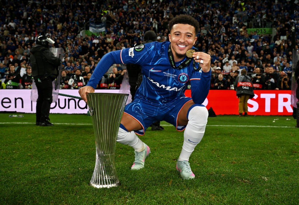Jadon Sancho with the Europa Conference League trophy.