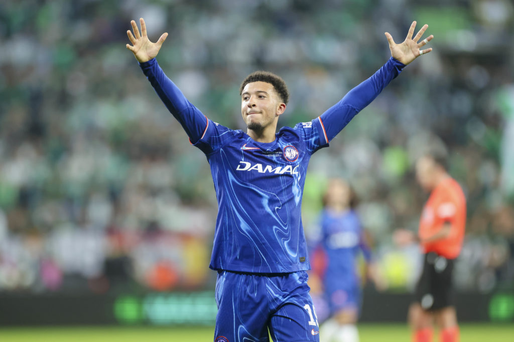 Jadon Sancho of Chelsea FC cheers during the 2025 UEFA Conference League final between Real Betis and Chelsea FC at the Stadion Wroclaw on May 28, 2025 in Wroclaw, Poland.
